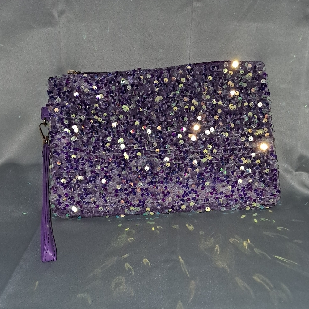 Purple Sequin Evening Clutch with Tassel